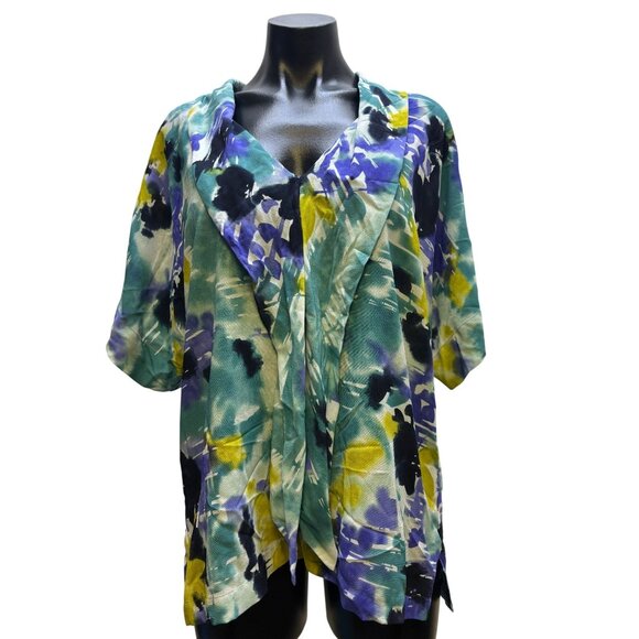 NWT St. John Silk & Lycra Blouse Teal Purple Abstract Print L - Picture 1 of 6